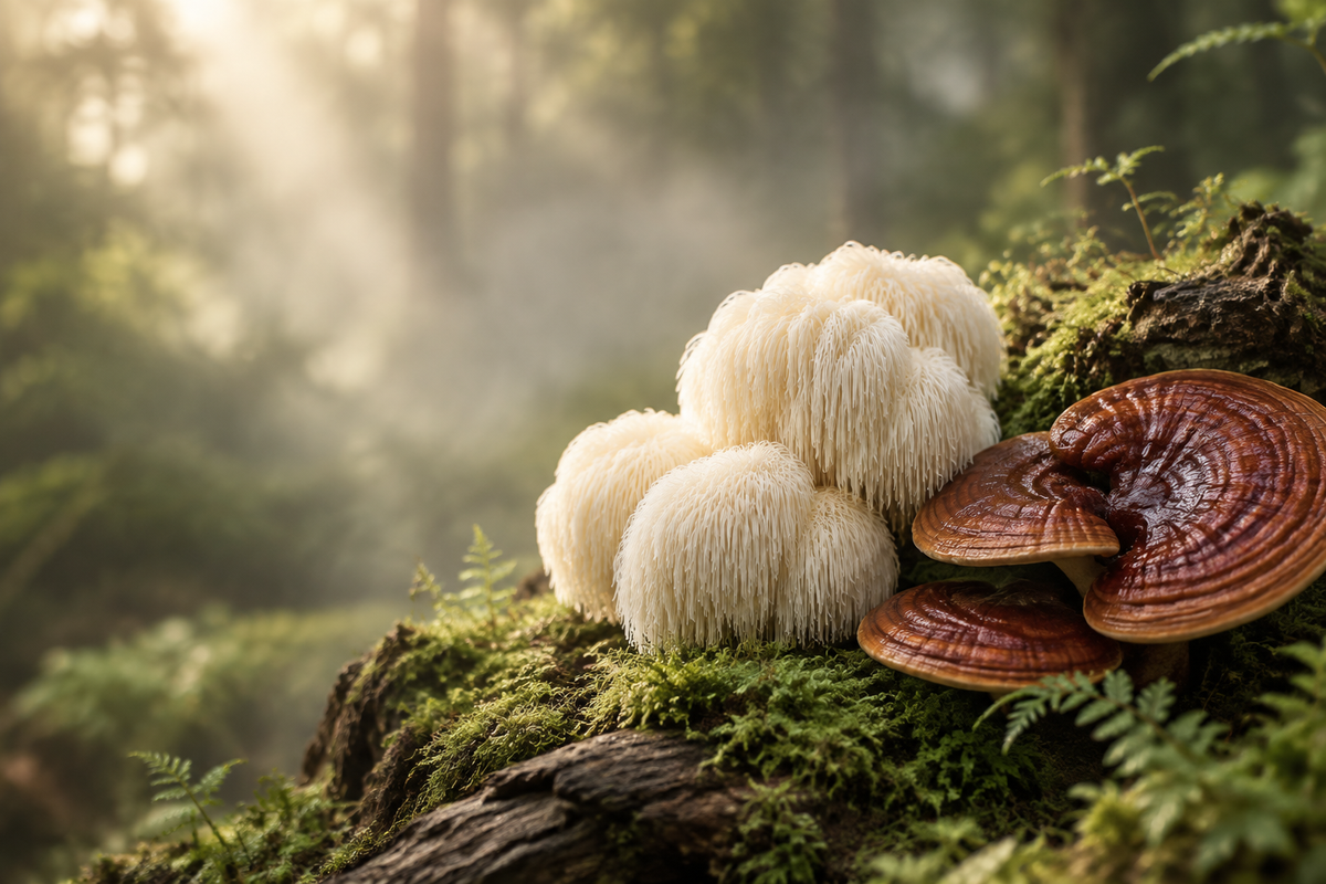 Lion’s Mane and Reishi mushrooms in a softly lit forest setting